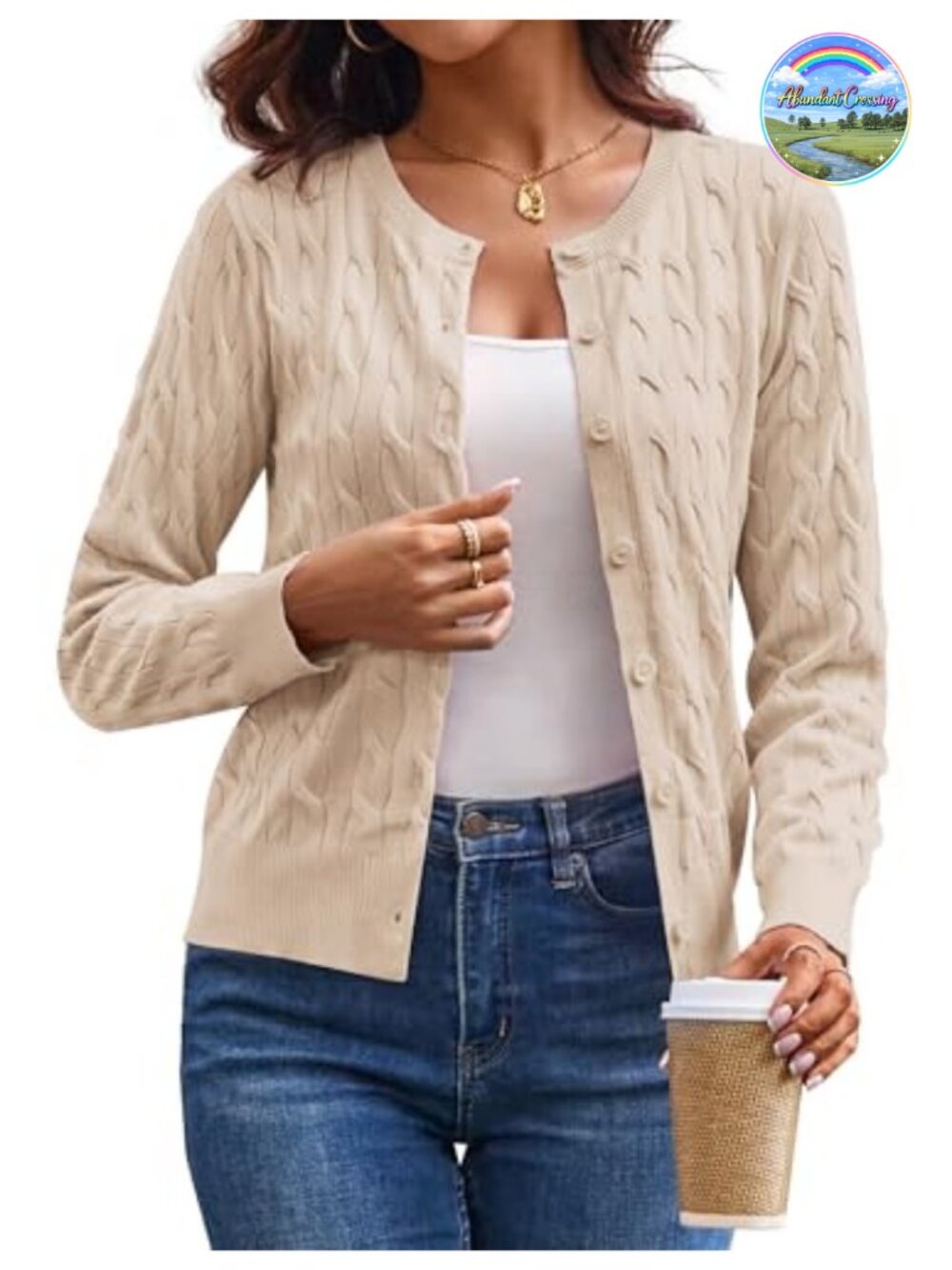 Cable Knit Cardigan Button Up Cropped Sweater Long Sleeve Crew Neck Fall